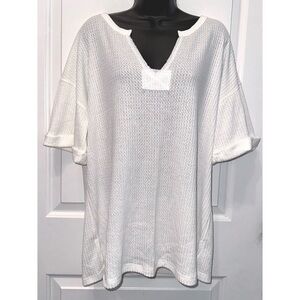 First Love white waffle knit relaxed fit short sleeve top